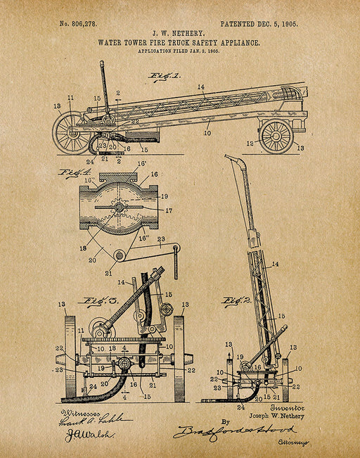 An image of a(n) Water Tower 1905 - Patent Art Print - Parchment.