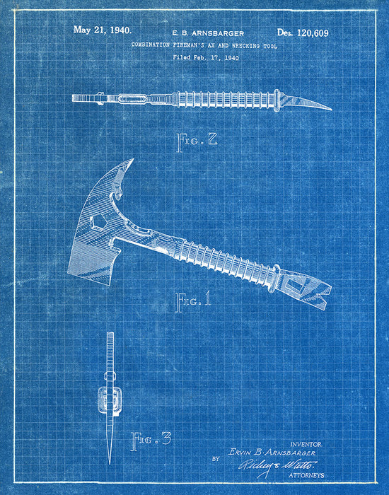 An image of a(n) Fireman's Ax 1940 - Patent Art Print - Blueprint.