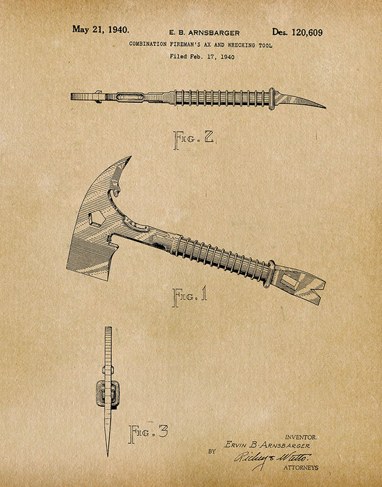 An image of a(n) Fireman's Ax 1940 - Patent Art Print - Parchment.