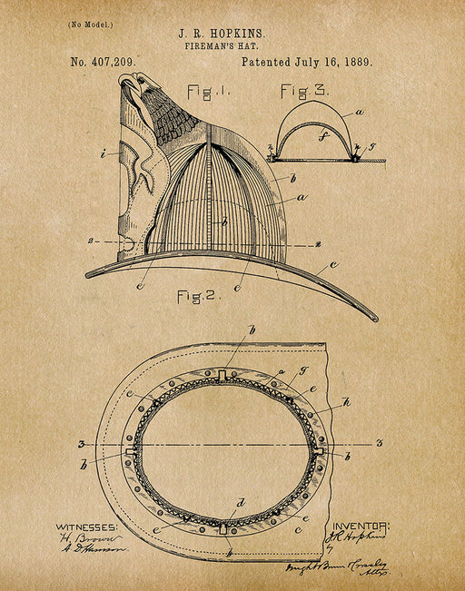 An image of a(n) Fireman's Hat 1889 - Patent Art Print - Parchment.