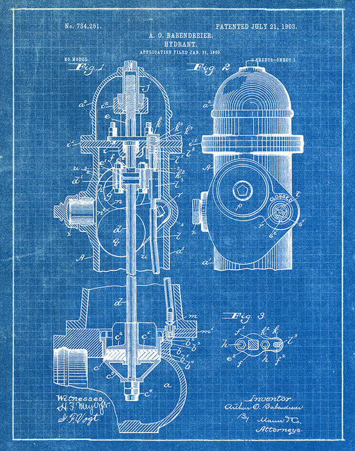 An image of a(n) Fire Hydrant 1903 - Patent Art Print - Blueprint.