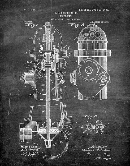 An image of a(n) Fire Hydrant 1903 - Patent Art Print - Chalkboard.
