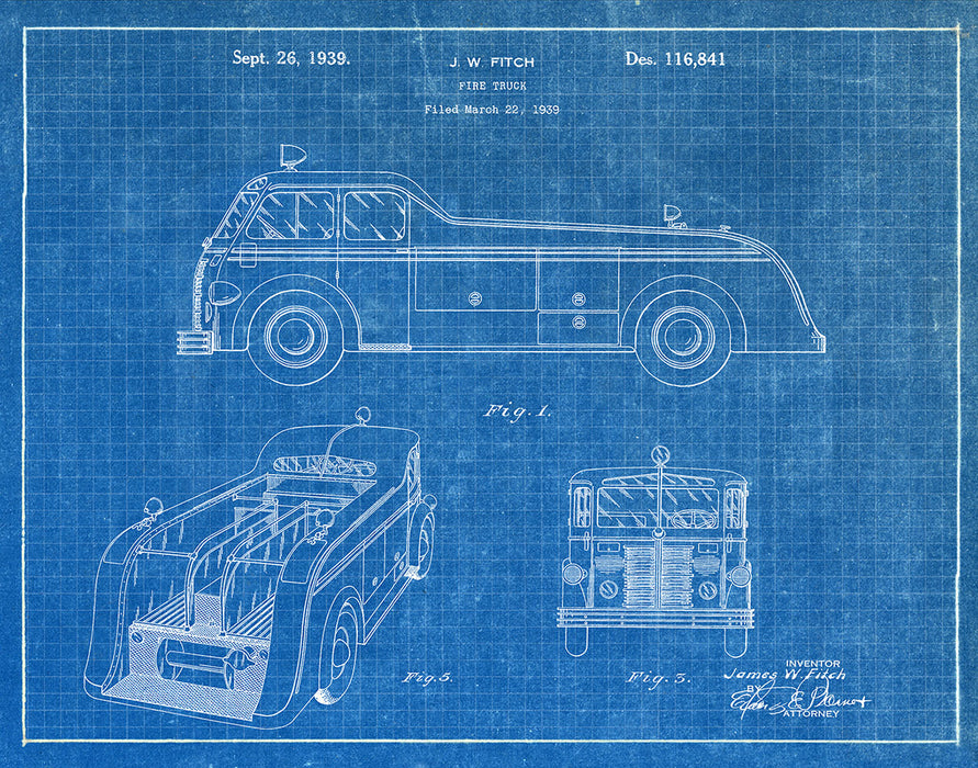 An image of a(n) Fire Truck 1939 - Patent Art Print - Blueprint.