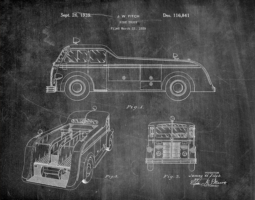 An image of a(n) Fire Truck 1939 - Patent Art Print - Chalkboard.