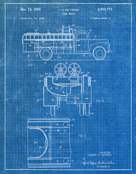 An image of a(n) Fire Truck 1950 - Patent Art Print - Blueprint.
