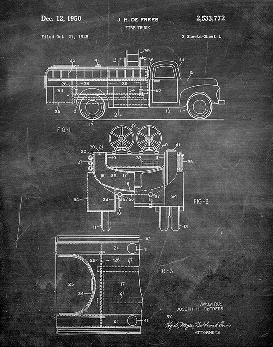 An image of a(n) Fire Truck 1950 - Patent Art Print - Chalkboard.