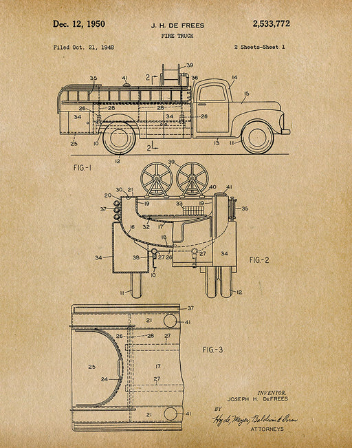 An image of a(n) Fire Truck 1950 - Patent Art Print - Parchment.