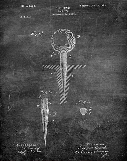 An image of a(n) Golf Tee 1899 - Patent Art Print - Chalkboard.