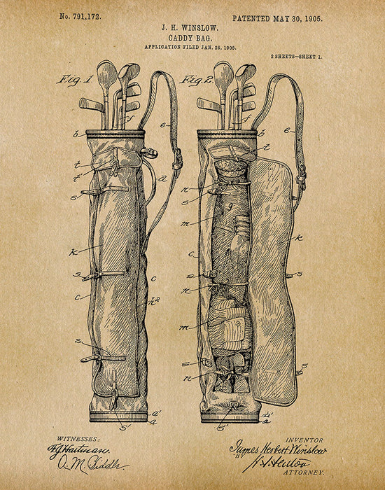 An image of a(n) Caddy Bag 1905 - Patent Art Print - Parchment.