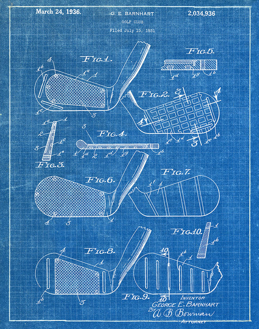 An image of a(n) Golf Club 1936 - Patent Art Print - Blueprint.