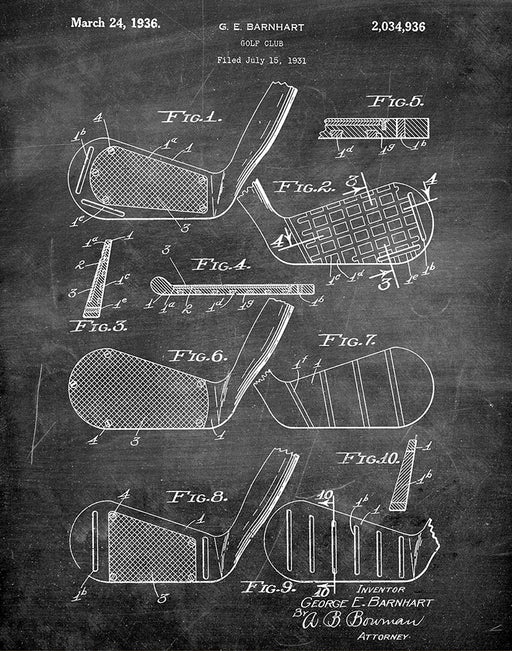 An image of a(n) Golf Club 1936 - Patent Art Print - Chalkboard.