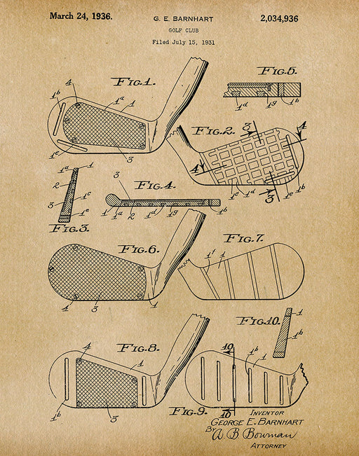 An image of a(n) Golf Club 1936 - Patent Art Print - Parchment.
