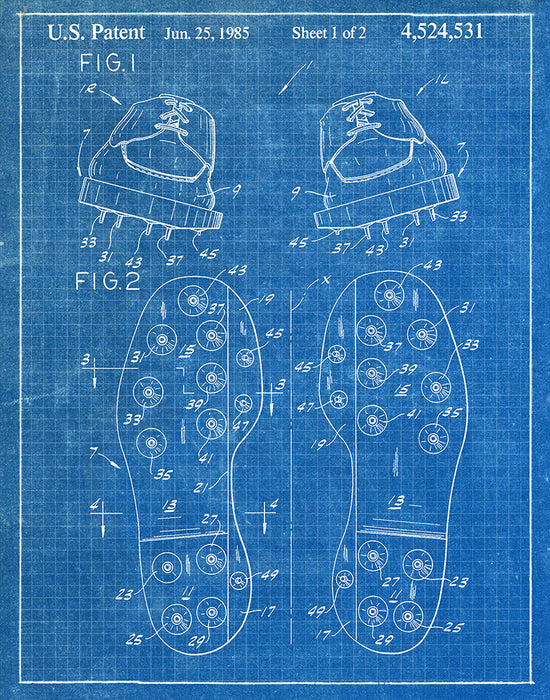 An image of a(n) Golf Shoes 1985 - Patent Art Print - Blueprint.