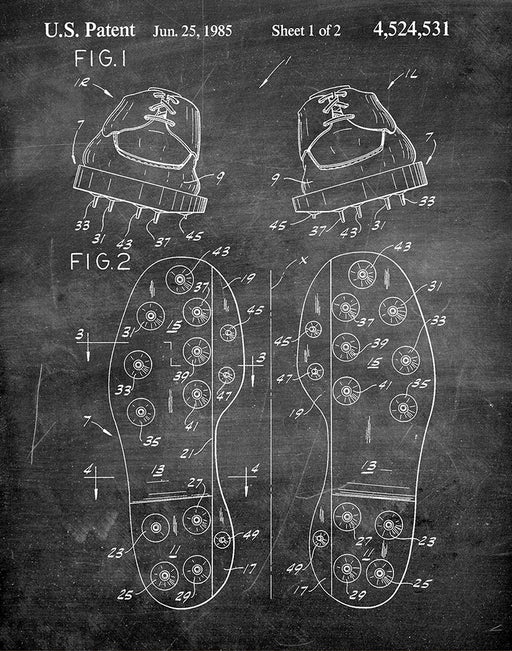 An image of a(n) Golf Shoes 1985 - Patent Art Print - Chalkboard.