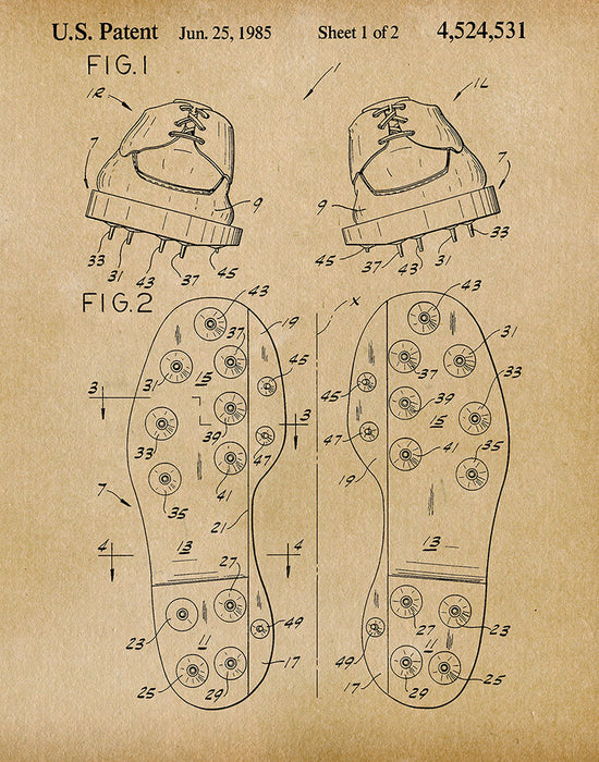 An image of a(n) Golf Shoes 1985 - Patent Art Print - Parchment.