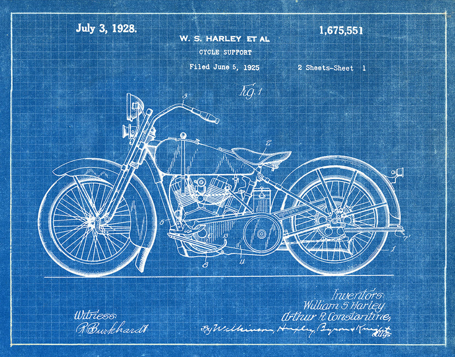 An image of a(n) Harley Motorcycle 1928 - Patent Art Print - Blueprint.