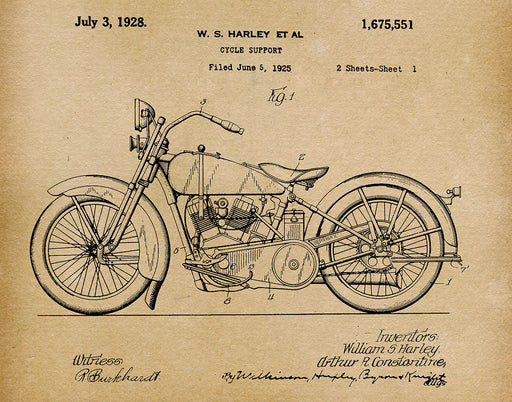 An image of a(n) Harley Motorcycle 1928 - Patent Art Print - Parchment.