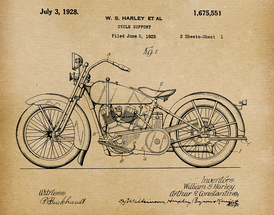 Harley Motorcycle 1928 - Patent Art Print - Parchment — Fresh