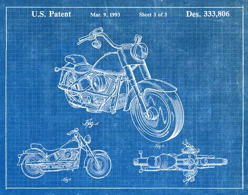 An image of a(n) Harley Motorcycle 1993 - Patent Art Print - Blueprint.