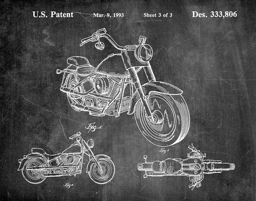 An image of a(n) Harley Motorcycle 1993 - Patent Art Print - Chalkboard.
