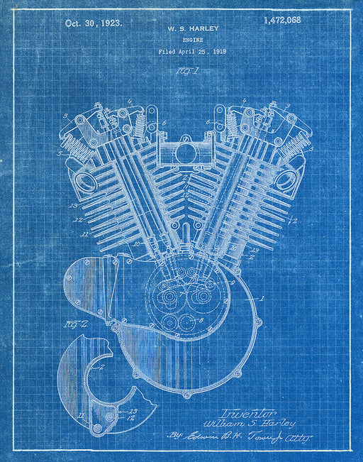 An image of a(n) Harley Engine 1923 - Patent Art Print - Blueprint.
