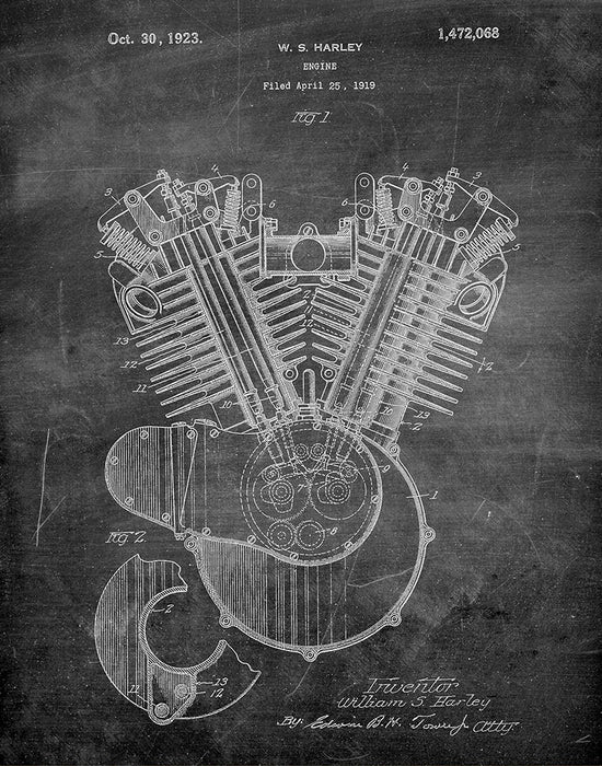 An image of a(n) Harley Engine 1923 - Patent Art Print - Chalkboard.