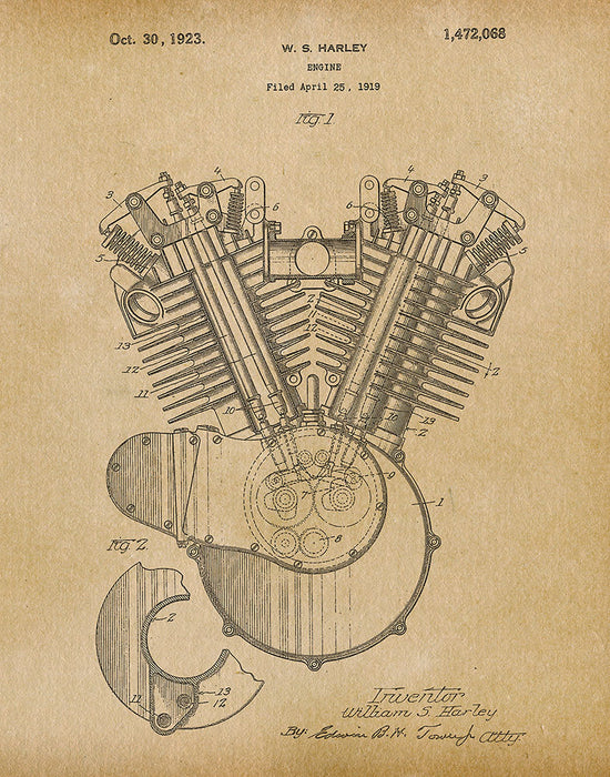 An image of a(n) Harley Engine 1923 - Patent Art Print - Parchment.