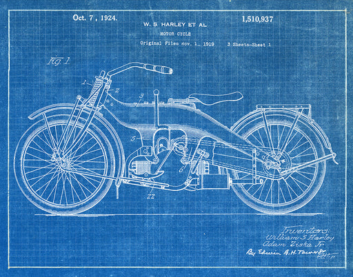 Harley Motorcycle 1924 - Patent Art Print - Blueprint — Fresh