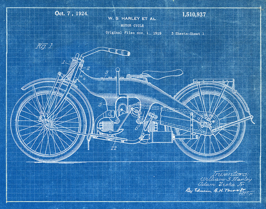 An image of a(n) Harley Motorcycle 1924 - Patent Art Print - Blueprint.