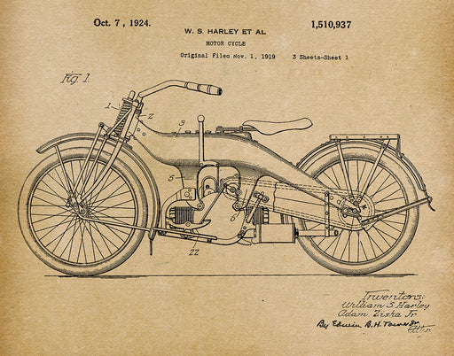 An image of a(n) Harley Motorcycle 1924 - Patent Art Print - Parchment.