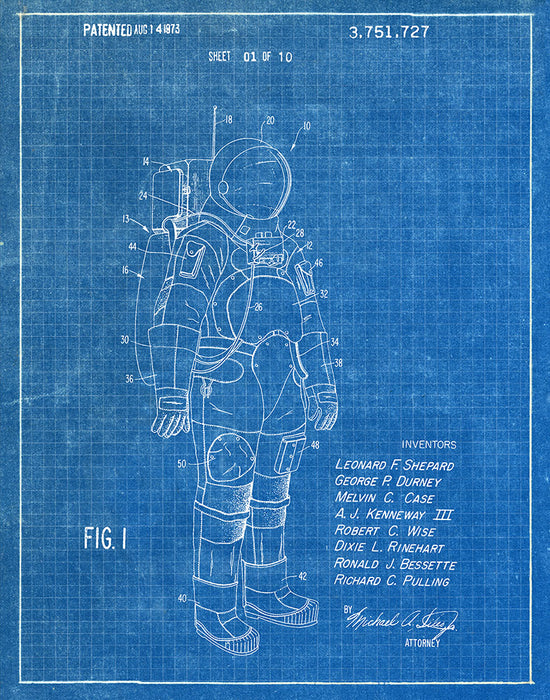 An image of a(n) Space Suit 1973 - Patent Art Print - Blueprint.