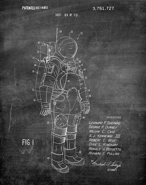 An image of a(n) Space Suit 1973 - Patent Art Print - Chalkboard.