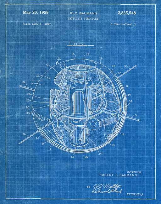 An image of a(n) Satellite 1958 - Patent Art Print - Blueprint.