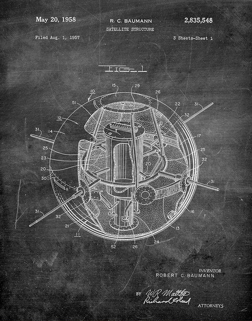 An image of a(n) Satellite 1958 - Patent Art Print - Chalkboard.