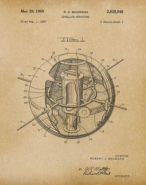 An image of a(n) Satellite 1958 - Patent Art Print - Parchment.