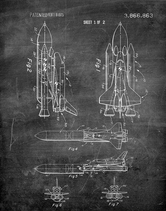 An image of a(n) Space Shuttle 1975 - Patent Art Print - Chalkboard.