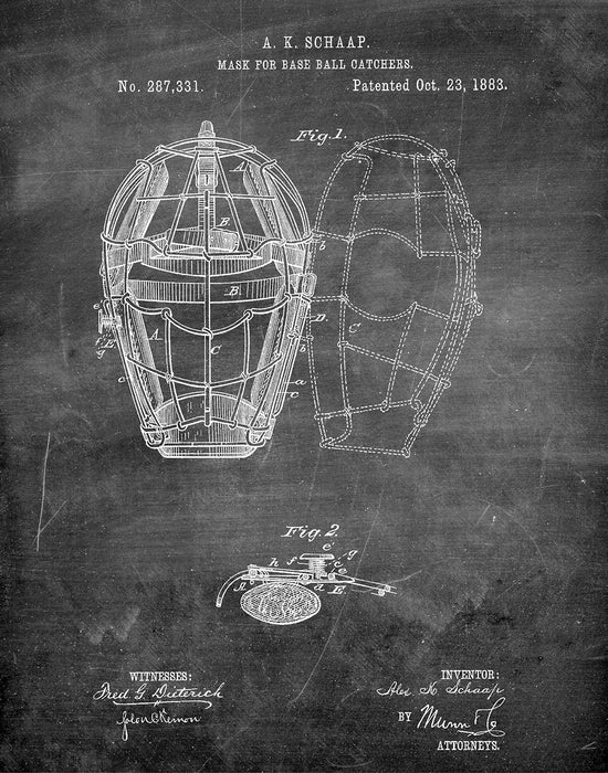 An image of a(n) Baseball Mask 1883 - Patent Art Print - Chalkboard.