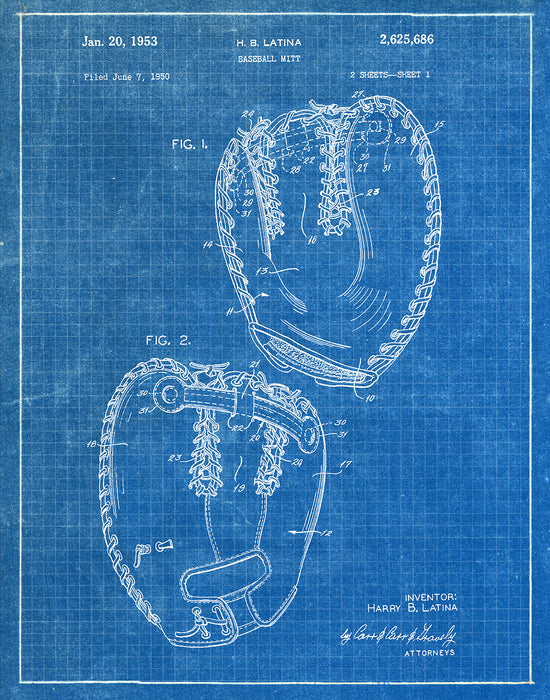 An image of a(n) Baseball Mitt 1953 - Patent Art Print - Blueprint.
