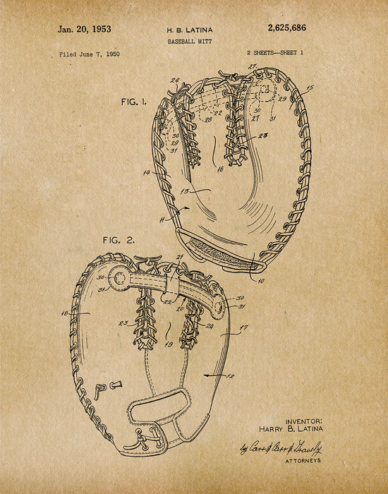 An image of a(n) Baseball Mitt 1953 - Patent Art Print - Parchment.