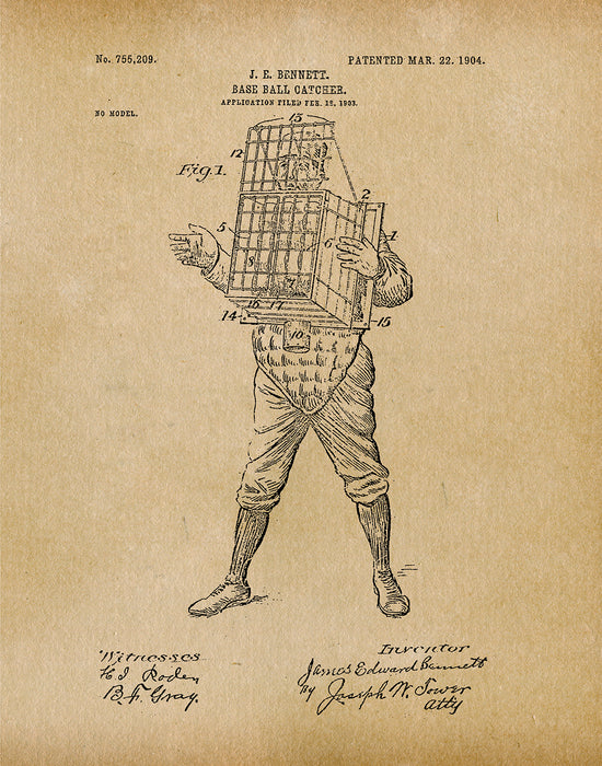 An image of a(n) Baseball Catcher 1904 - Patent Art Print - Parchment.