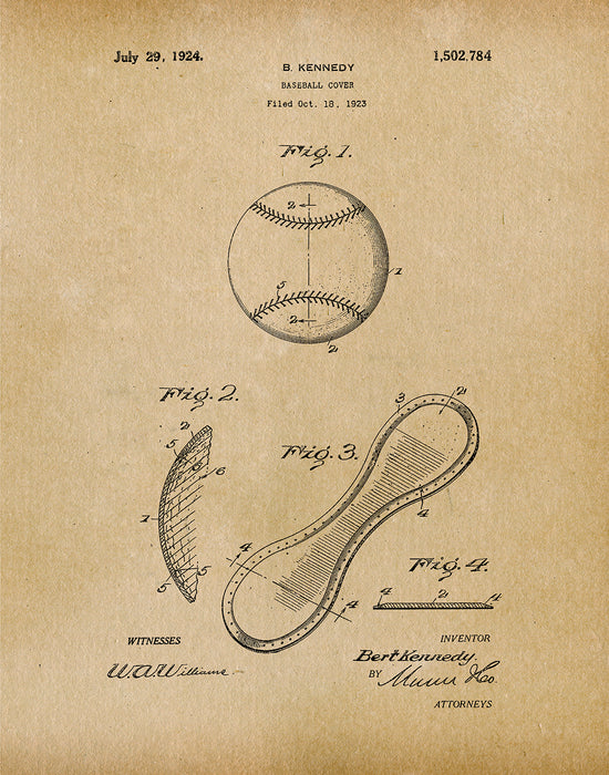 An image of a(n) Baseball Cover 1924 - Patent Art Print - Parchment.