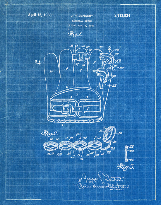 An image of a(n) Baseball Glove 1938 - Patent Art Print - Blueprint.