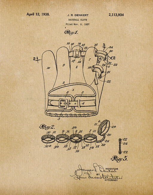 An image of a(n) Baseball Glove 1938 - Patent Art Print - Parchment.