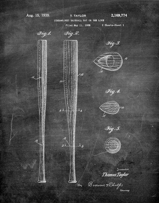 An image of a(n) Baseball Bat 1939 - Patent Art Print - Chalkboard.