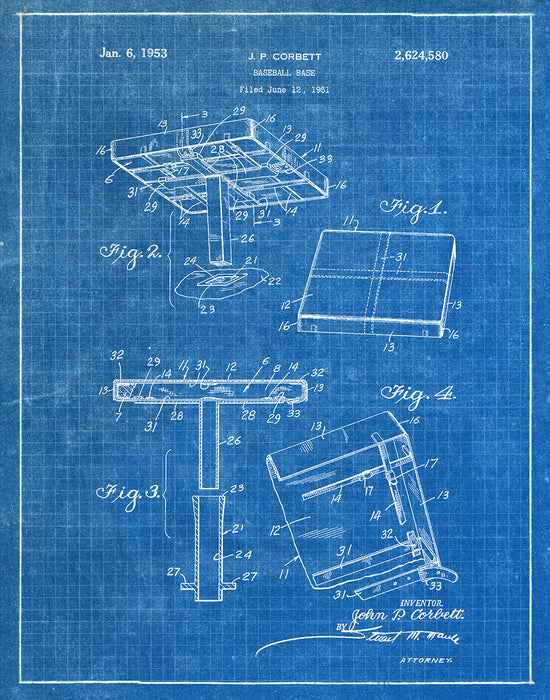 An image of a(n) Baseball Base 1953 - Patent Art Print - Blueprint.