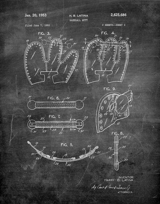 An image of a(n) Baseball Mitt 1953 2 - Patent Art Print - Chalkboard.