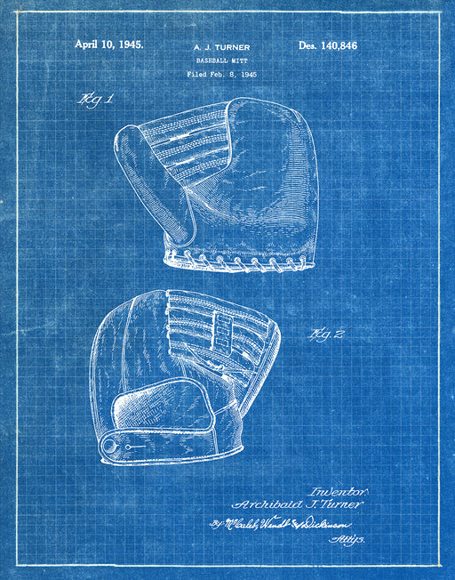 An image of a(n) Baseball Mitt 1945 - Patent Art Print - Blueprint.