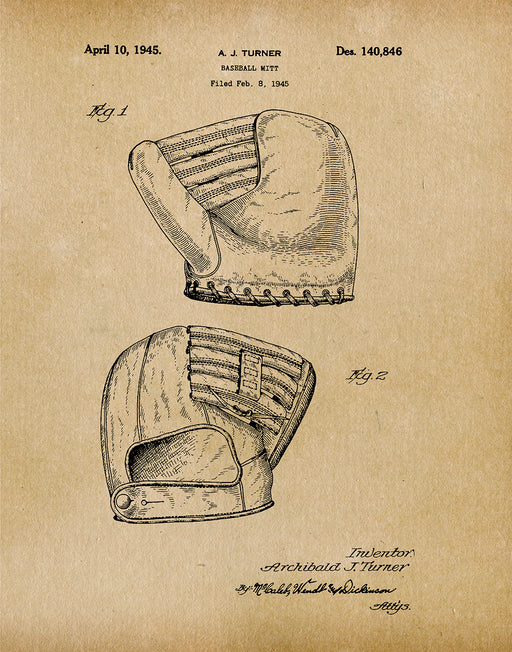 An image of a(n) Baseball Mitt 1945 - Patent Art Print - Parchment.