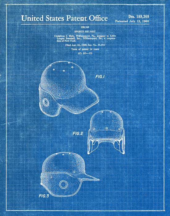 An image of a(n) Baseball Helmet 1960 - Patent Art Print - Blueprint.