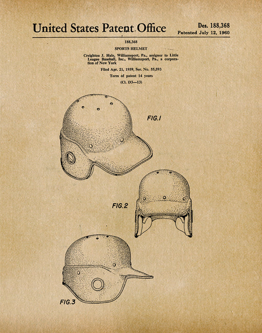 An image of a(n) Baseball Helmet 1960 - Patent Art Print - Parchment.